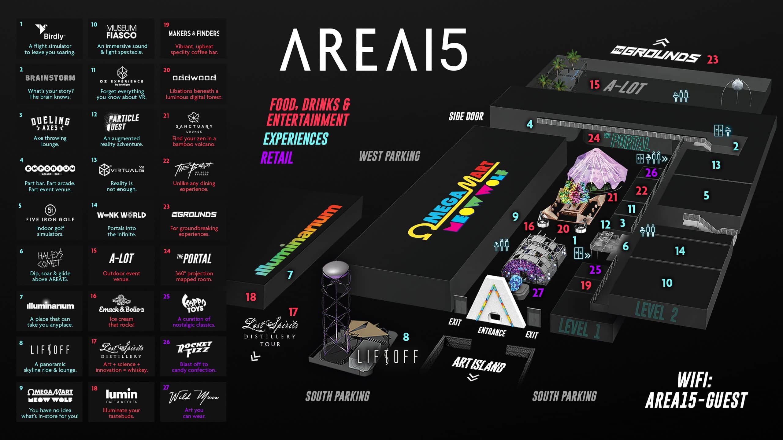 Map of Area15 highlighting different areas.